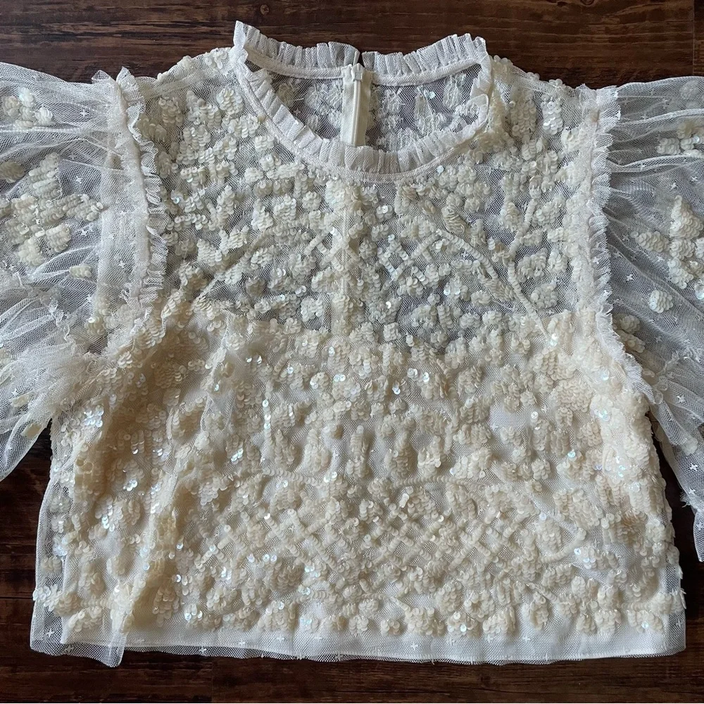 NEEDLE & THREAD Aurelia Sequin Embellished Top Natural Cream Ruffle Sheer Blouse - Picture 5 of 15